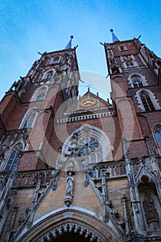 The Catholic Cathedral of St. John the Baptist in WrocÅ‚aw, Poland. Gothic church with Neo-Gothic additions