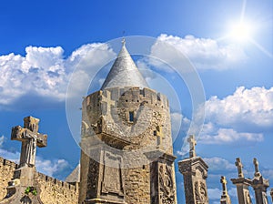 Catholic Cemetery in Carcassonne, France on soft sunlight