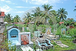 Catholic cemetery with gravestones, Indonesia