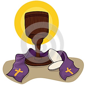 Catholic Chalice with Communion Breads and Stole, Vector Illustration