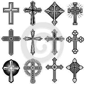 Catholic christian cross with ornament vector icons set