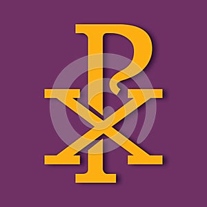 Catholic christian symbol chrismon yellow cryptogram sign on purple background chi-rho icon