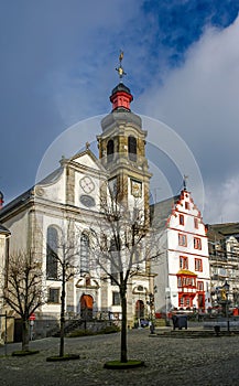 Catholic church of Assumption of Mary and baroque house on Old Market square of Hachenburg, Rheinland-Pfalz, Germany photo