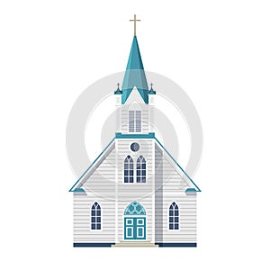 Catholic Church with cross, door and windows front facade isolated on white background. Vector Illustration