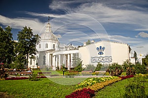 Catholic church and cross in sunny summer day, Daugavpils, Latvia