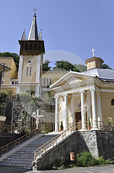 Catholic Church in Hercules Square from Baile Herculane Resort in Romania