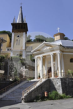 Catholic Church in Hercules Square from Baile Herculane Resort in Romania