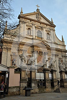 Catholic church of Holy Apostles Peter and Paul, baroque architectural monument of 1635 on Grodskaya street, Krakow, Poland