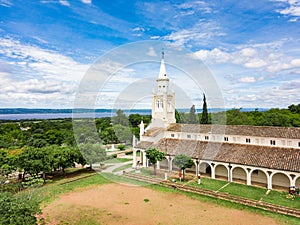 The catholic church `Iglesia Virgen de la Candelaria` of Aregua in Paraguay overlooking Lake Ypacarai
