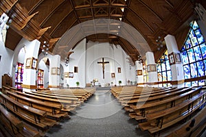 The Catholic Church interior, fisheye view.