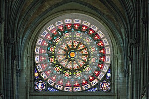 Catholic church interior stained-glass, Arlon, Belgium