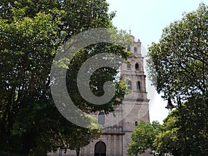 catholic church in Morelia, Mexico, view from a park