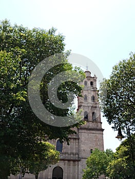 catholic church in Morelia, Mexico, view from a park