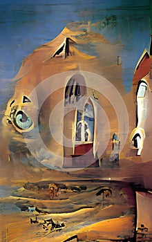 Catholic church oil painting. Original oil painting showing country church. Modern Impressionism, modernism, marinism