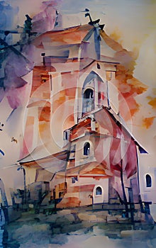 Catholic church oil painting. Original oil painting showing country church. Modern Impressionism, modernism, marinism
