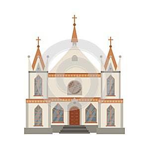 Catholic Church Religious Building, Cathedral Facade, Ancient Architectural Construction Vector Illustration