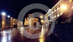 Catholic Church of San Juan de Rabanera on a rainy night, in Soria, Spain.