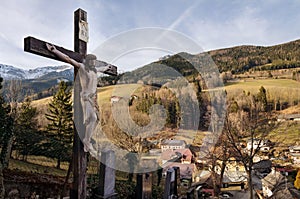 Catholic crucifix and old cemetery. Prein on the Rax. Austria