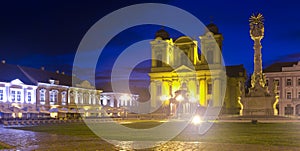 Catholic Dome and Trinity Column on Unirii Square at night