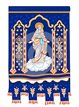 Catholic gonfalon from the French church in Locronan. Beautiful embroidery of Mother of God. Religious object from a cloth. Hand