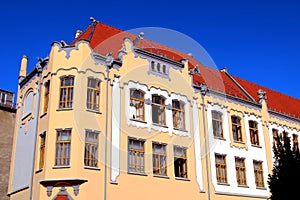 Catholic gymnasium on Grosslingova street 1908, architect Oden Lechner, Bratislava, Slovakia. Sundial