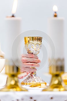 Catholic mass - the hands of the priest hold a golden chalice with wine