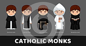 Catholic monks. Carthusians, Franciscans, Cistercians, Benedictines and Dominicans. Set of cartoon characters.