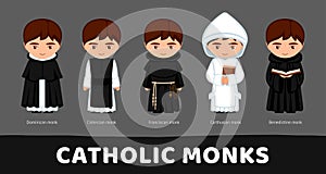 Catholic monks. Carthusians, Franciscans, Cistercians, Benedictines and Dominicans. Set of cartoon characters. photo
