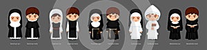 Catholic monks and nuns. Carthusians, Franciscans, Cistercians, Benedictines, Dominicans. Big set of cartoon characters. photo