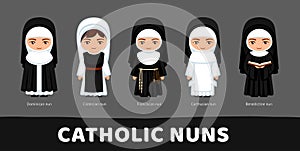 Catholic nuns. Carthusians, Franciscans, Cistercians, Benedictines, Dominicans. Set of cartoon characters. photo