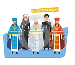 Catholic, orthodox christianity. Religious priests, nuns, in spiritual robes, cassocks. photo