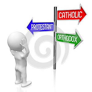 Catholic, orthodox, protestant - religion concept - signpost with three arrows, cartoon character
