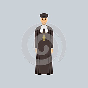 Catholic priest in black soutane, representative of Protestantism religious confession vector Illustration