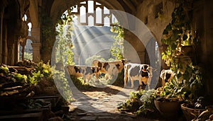 Catholicism spirituality in nature cow grazes on rustic dairy farm generated by AI photo