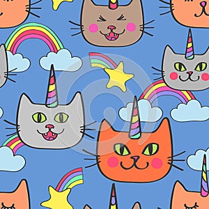 Caticorn and rainbow allover on blue