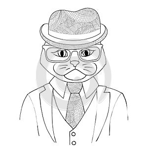 Catman boss in a suit. A hybrid of man and cat Zen Tangle. Portrait of a businesslike person in hat and glasses.