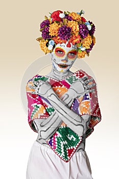 Catrina makeup. Young Mexican woman with typical costume