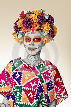 Catrina makeup. Young Mexican woman with typical costume