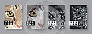 Cats abstract covers set. Future Poster template. Concept geometric pet animal. Polygonal halftone. Cat face silhouette