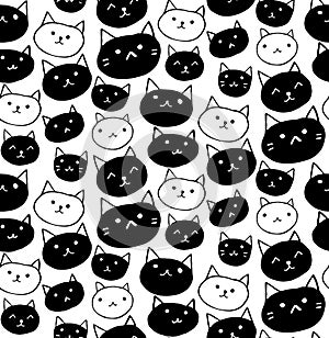 Cats background. Seamless pattern for textile and paper. Black and white kitties.