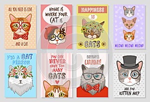 Cats cards. Cartoon cute kittens, lovly pats. Funny cat motivation hand drawn posters vector set