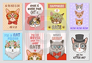 Cats cards. Cartoon cute kittens, lovly pats. Funny cat motivation hand drawn posters vector set photo