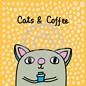 Cats and coffee hand drawn vector illustration in cartoon comic style animal holding hot cup