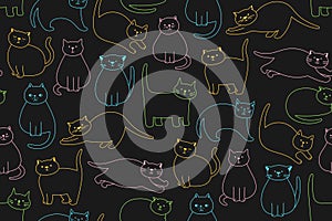 Cats cute doodle linear seamless pattern kitty different poses boundless wallpaper background vector