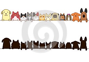 Cats and dogs border set with silhouette