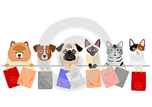 Cats and dogs holding paper bags in a row