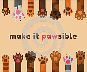 Cats and dogs paws cartoon background. Animals feet with claws and pads. Adopting pet.