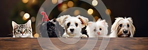 A cats and a dogs peeking out from behind a wooden board. Cute puppies and kittens with a defocused Christmas background