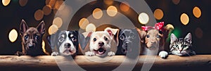 A cats and a dogs peeking out from behind a wooden board. Cute puppies and kittens with a defocused Christmas background