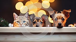 A cats and a dogs peeking over white edge. Web promotional banner for pet shop or vet clinic. Background with cute pets.